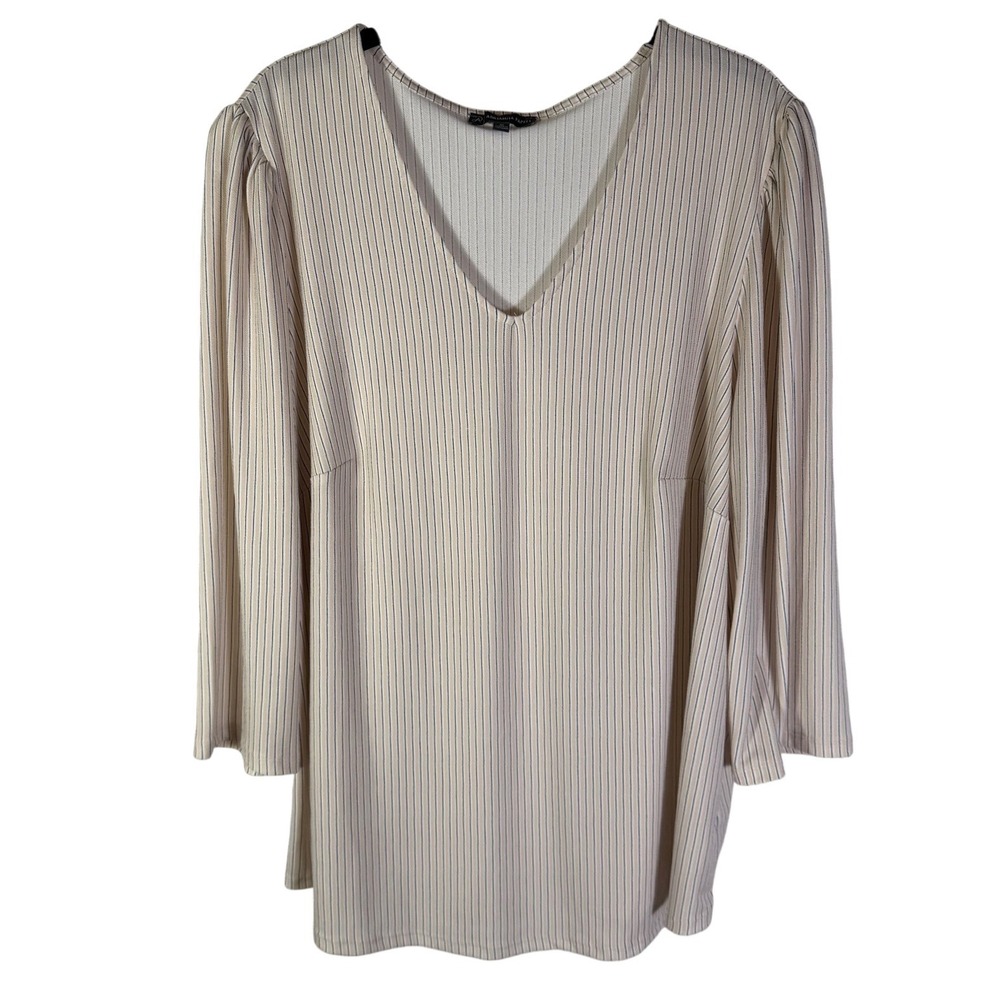 Adrianna Papell Womens 1X Pinstripe V-Neck 3/4 Sleeve Blouse Tan Black